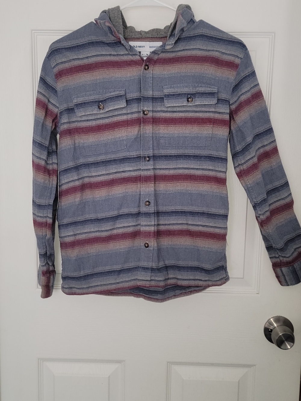Old Navy Striped Hooded Button-Down Shirt Boys' XL- Blue & Burgundy With Hood